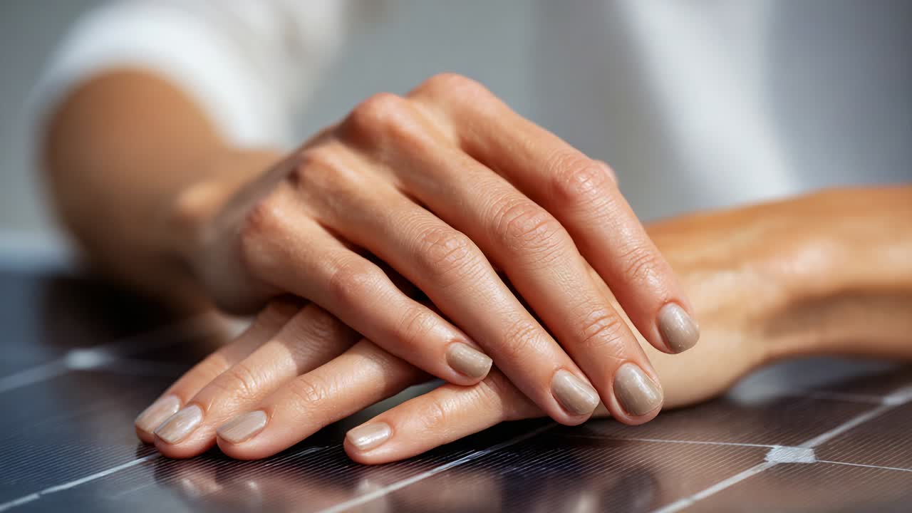 Elegant Hands Resting on a Solar Panel Surface, Showcasing Natural Beauty and Sophistication with a Touch of Soft Nail Polish That Enhances the Overall Aesthetic and Modern Eco-Friendly Energy Theme