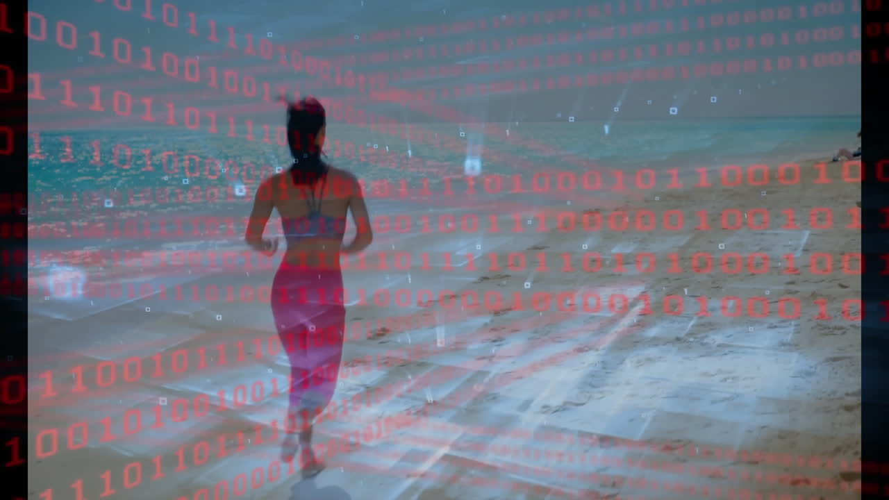 Standing on beach, woman with binary code animation overlay in background