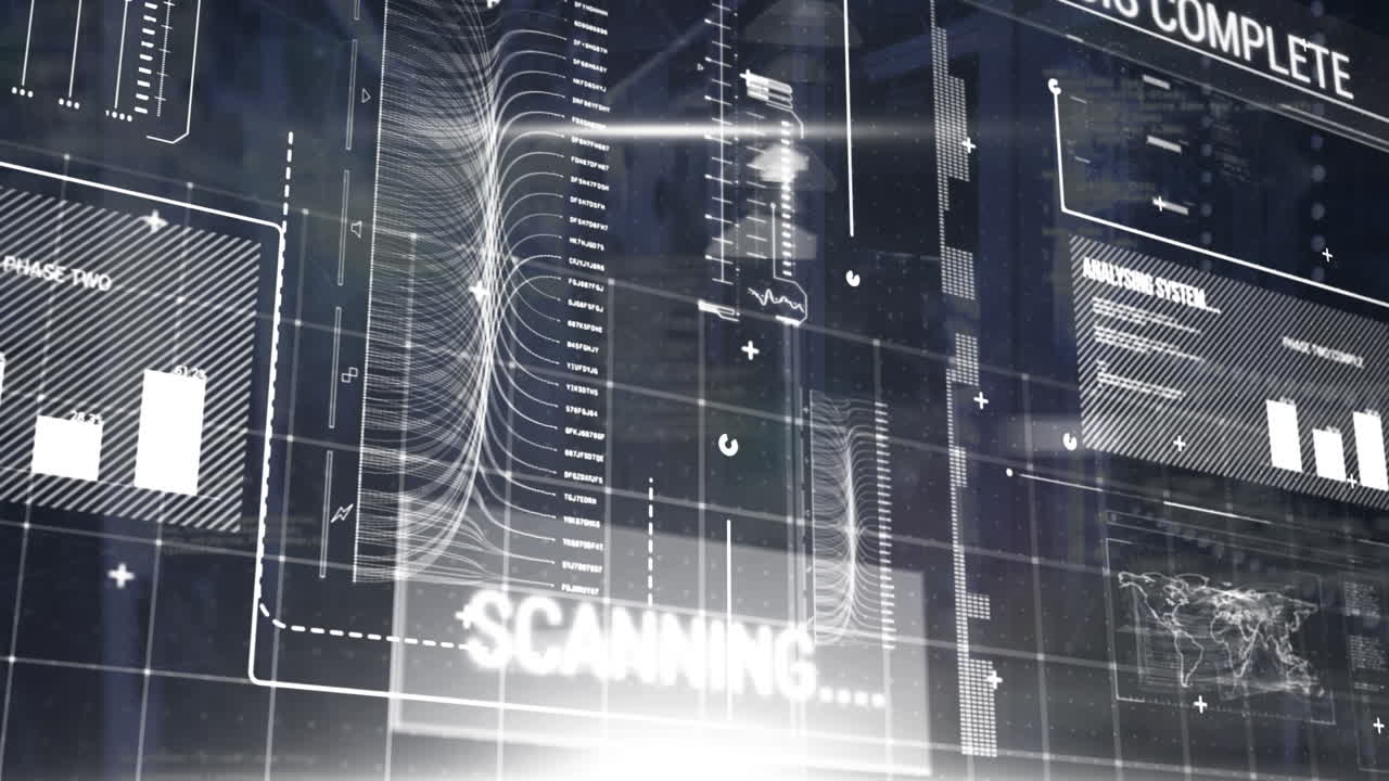 그래프와 함께 인포그래픽 데이터의 애니메이션, 디지털 인터페이스에서 세계 지도 스캔