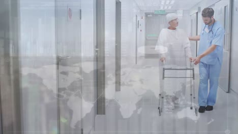animation of world map over caucasian male doctor and female patient walking on hospital corridor