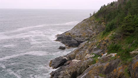 a high angle view of the ocean waves crashing on the rocks and some seagulls on the rocks and in flight