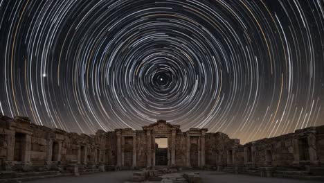 a stunning celestial dance: star trails encircling ancient ruins under a mysterious night sky captured in two captivating frames