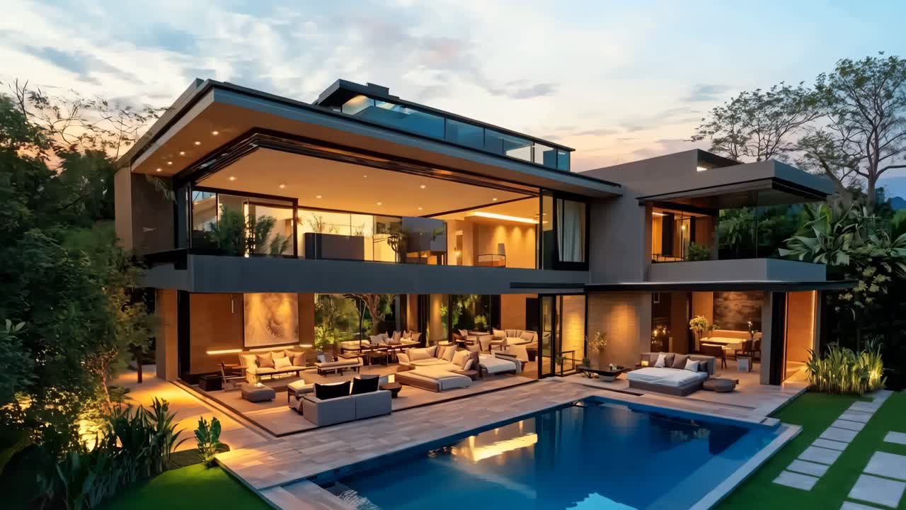 una casa moderna con una piscina en el patio trasero
