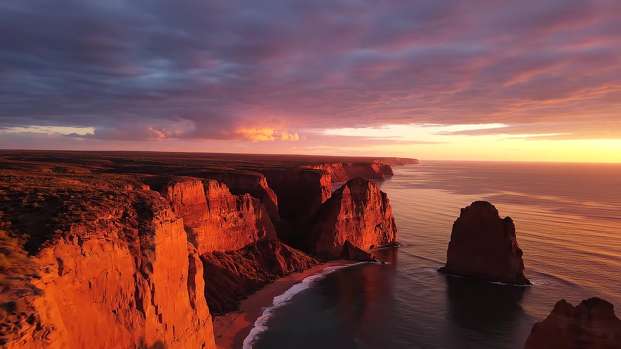 Majestic golden sunset over dramatic coastal cliffs and sea stacks