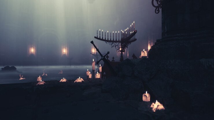 Mysterious atmosphere created by candles in a dimly lit chamber