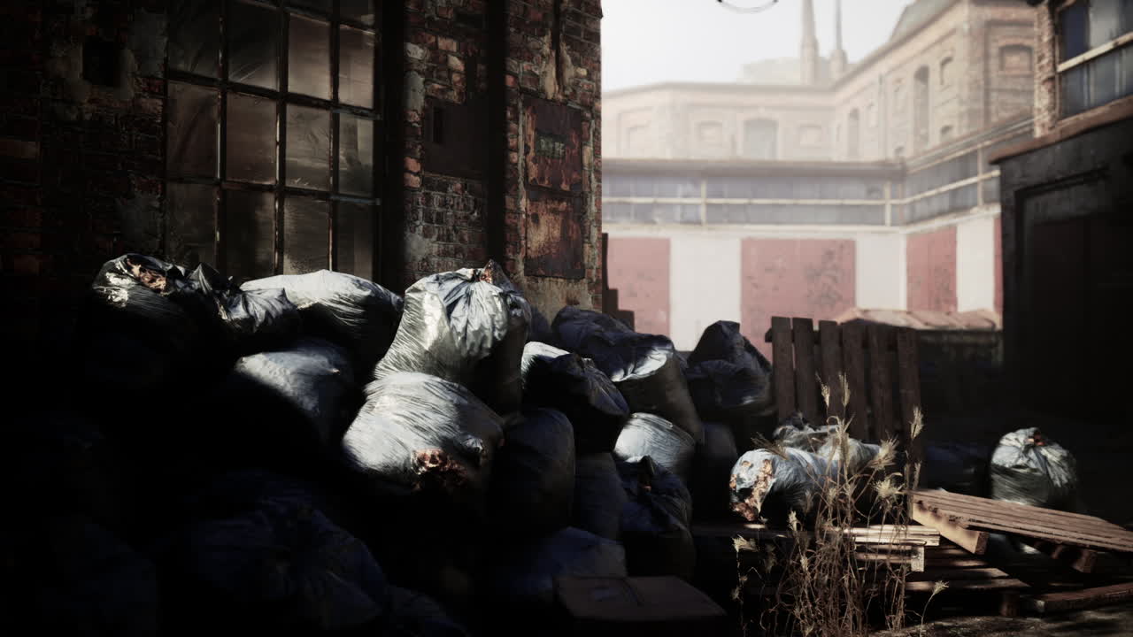 Abandoned factory with collapsing brick buildings and debris in urban area