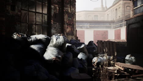 abandoned factory with collapsing brick buildings and debris in urban area