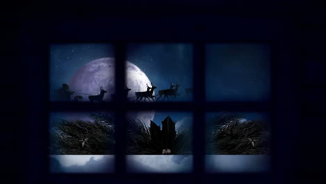 animación de santa claus en trineo con renos en el paisaje de invierno de navidad visto a través de la ventana