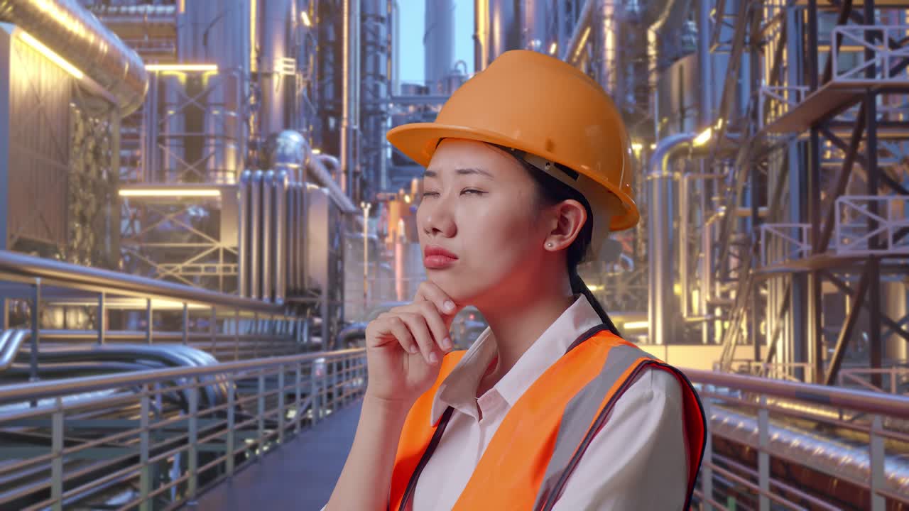 Close Up Side View Of Asian Female Engineer With Safety Helmet Thinking About Something And Looking Around While Standing At A Vast Oil Refinery