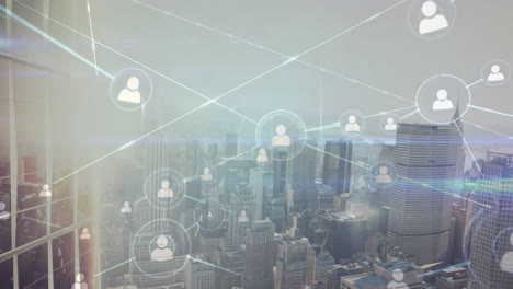 animation of network of profile icons and light trails against aerial view of cityscape