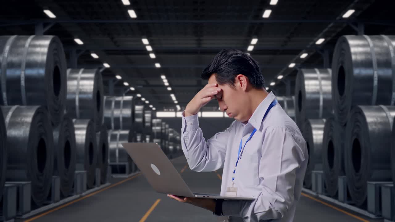 Side View Of An Asian Male Professional Worker Use Laptop with Stacks of Huge Metal Steel Coils in Warehouse, He Is Nodding His Head With Dissapionted
