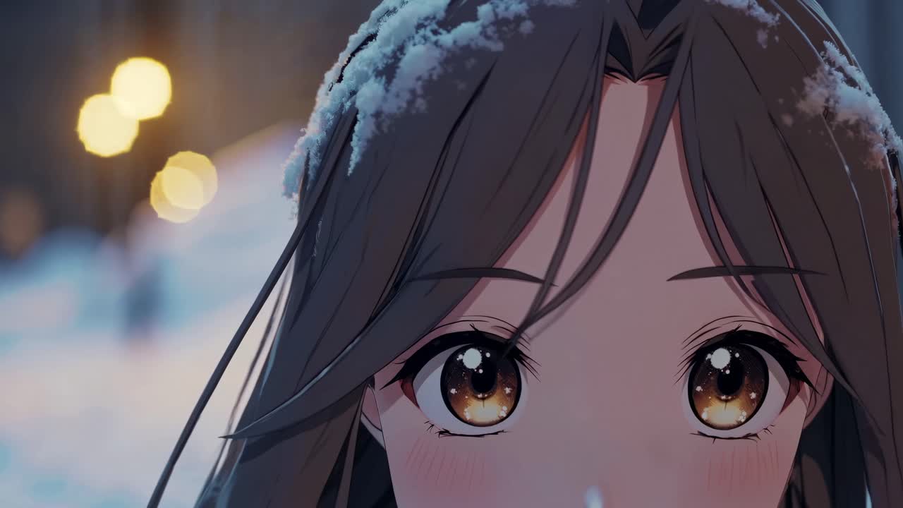 Close-up of an anime character with snow-dusted hair, capturing a serene winter moment