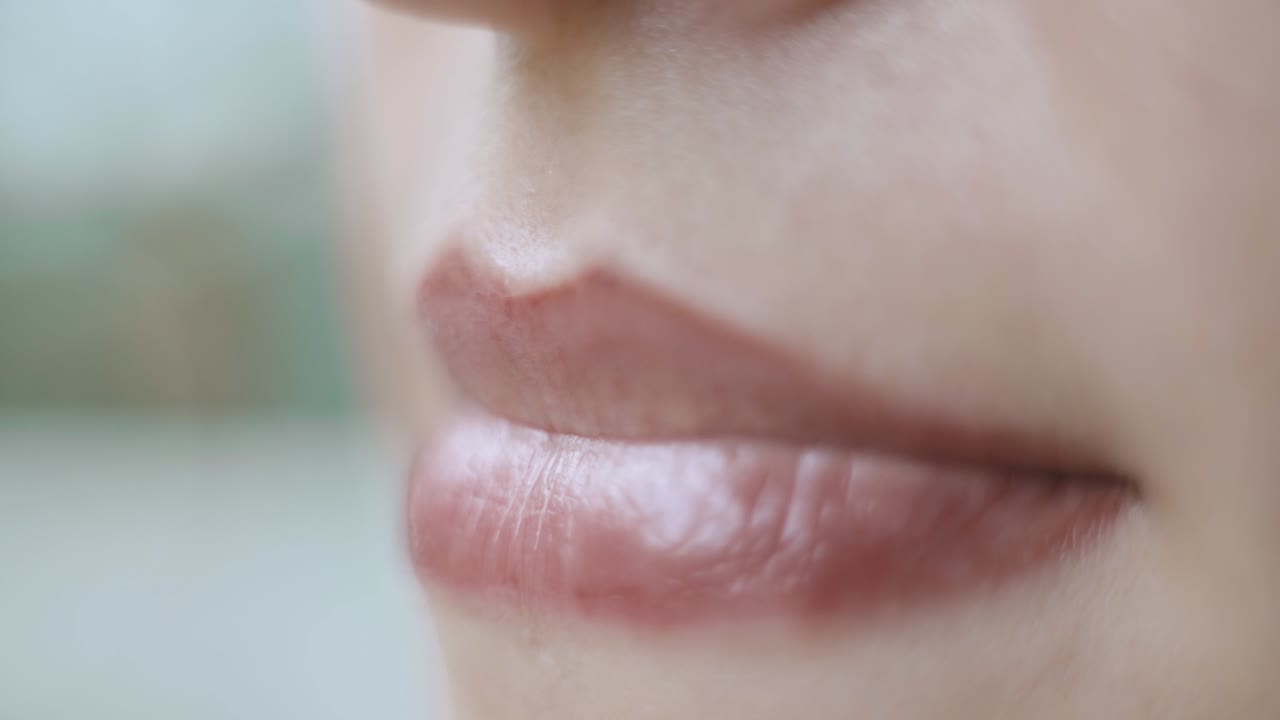 extremadamente primer plano de rostro femenino frunciendo sensualmente los labios con brillo de labios