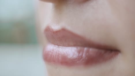 extremely close up headshot of female face sensually pursing lips with lip gloss