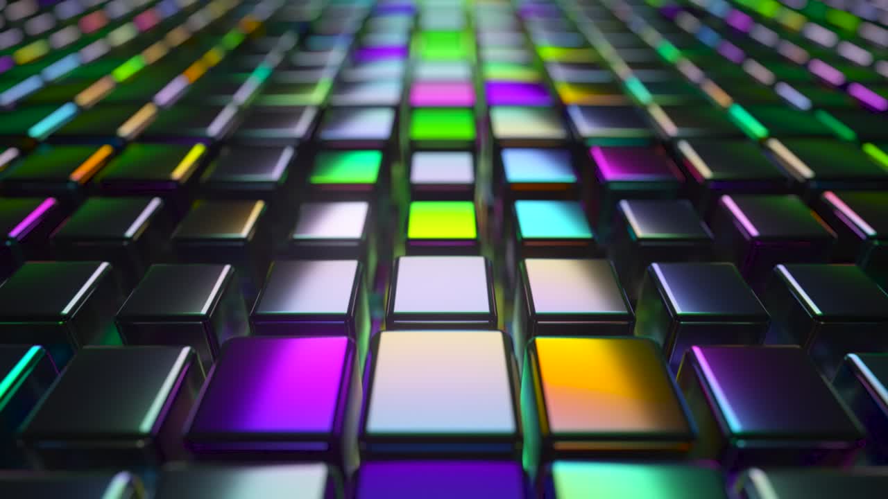 3d 렌더링: 네온 빛의 큐브와 함께 추상적인 3d 랜더링. 멋진 파동 영상. 어두운 배경에서 파동처럼 움직이는 보라색 구. 원활한 루프 애니메이션.