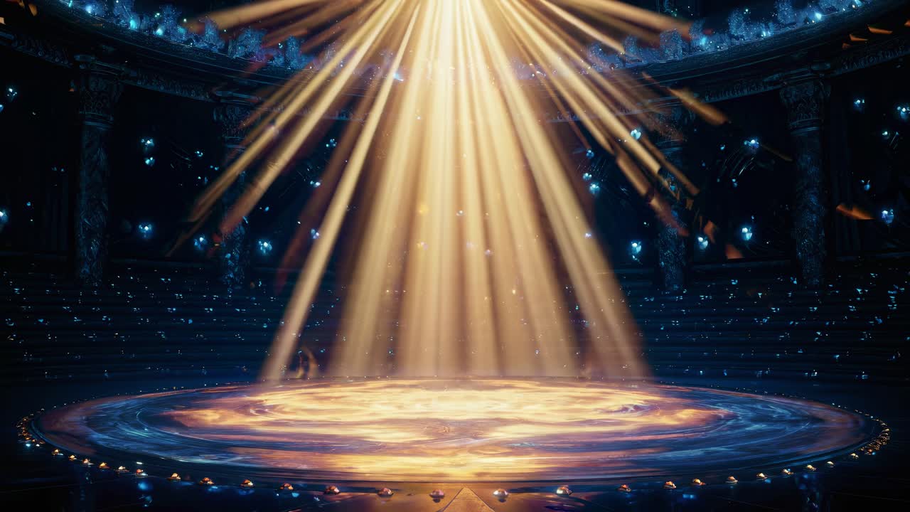 A mystical, cinematic video scene with a wide-angle view of a glowing, circular stage bathed