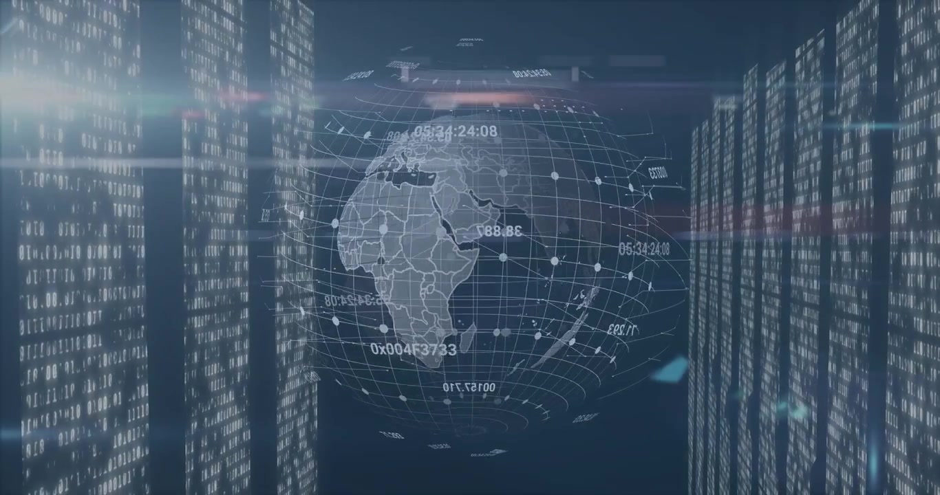 Al ricevimento di un flusso di dati, un globo 3D che ruota e una griglia che si espande con pannelli di codice pulsanti per l'analisi.