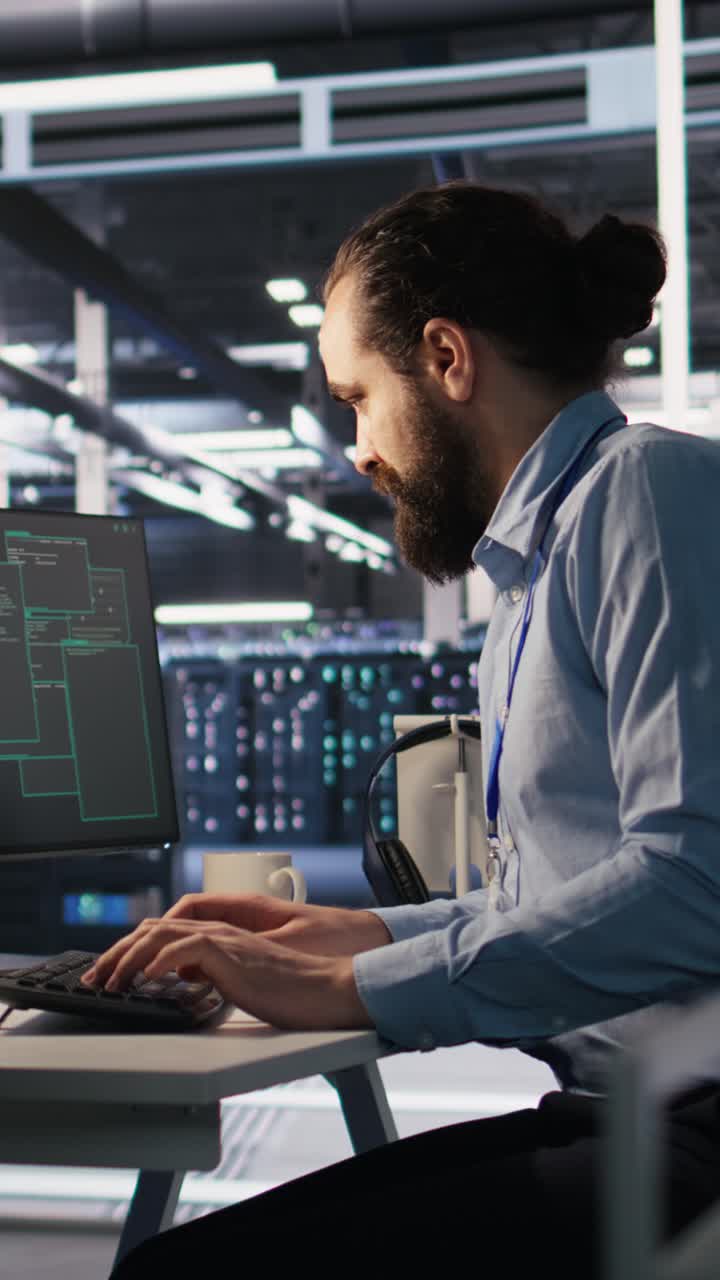 Vertical video Employee requesting help from manager to fix hacked equipment systems