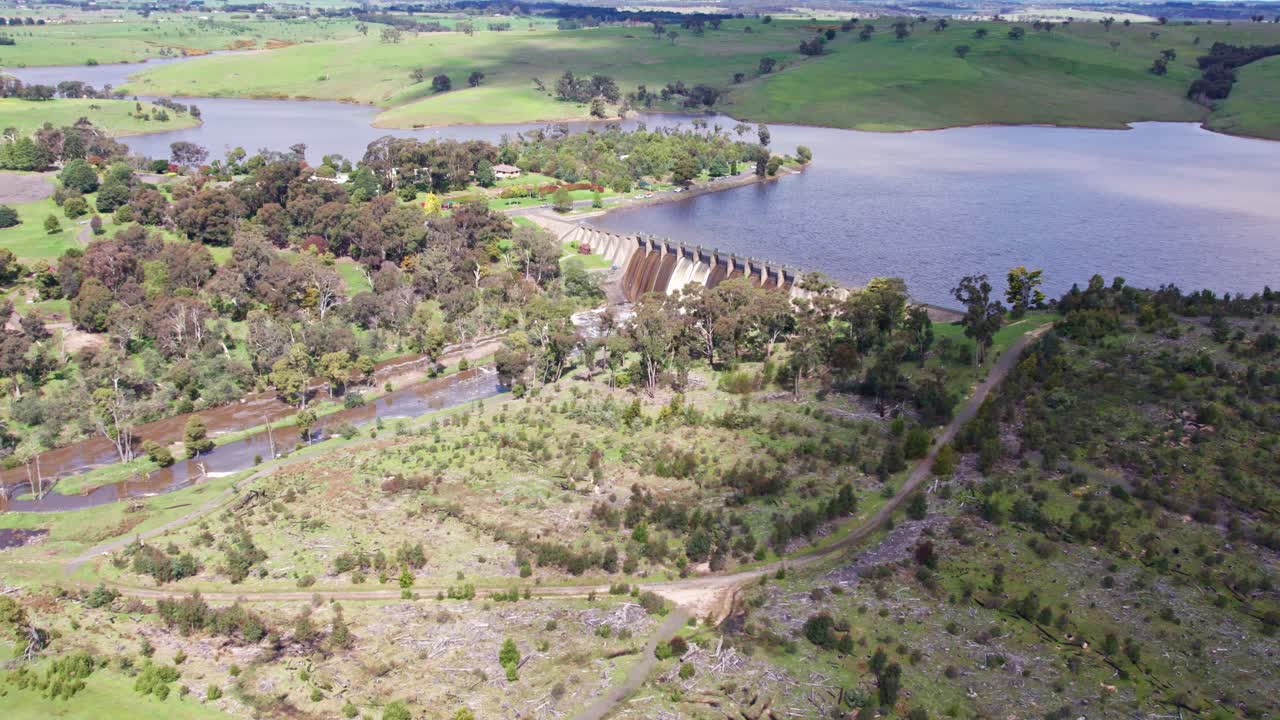 Aaerial footage of the Lauriston Reservoir, in central Victoria. October 2022.