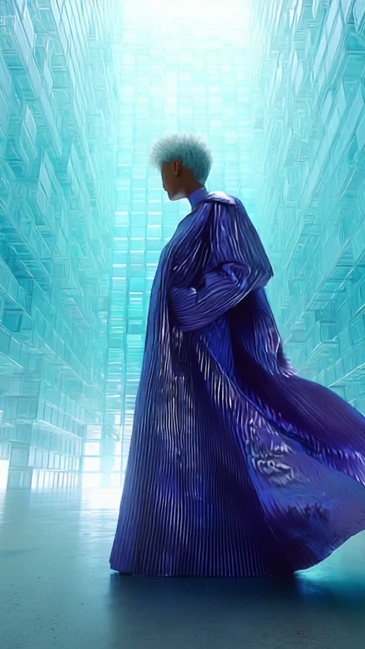 En æterisk figur vandrer gennem en futuristisk glasgang, iført en elegant lilla klædedragt, der fanger lys og farver i et surrealistisk miljø