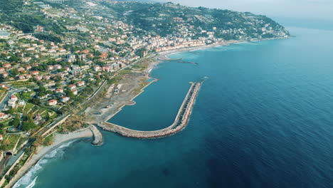 aerial view of a coastal city and harbor