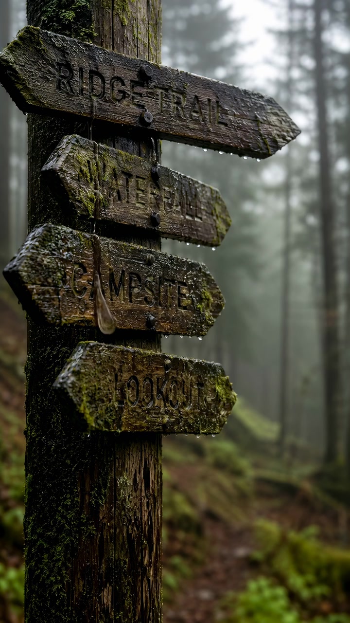 Primo piano di un cartello segnaletico in legno invecchiato su un palo ricoperto di muschio, immerso in una foresta di conifere nebbiosa. Dettagli di goccioline d'acqua, texture ruvida, frecce a strati e un'atmosfera esterna suggestiva. Cartello, legno, muschio.