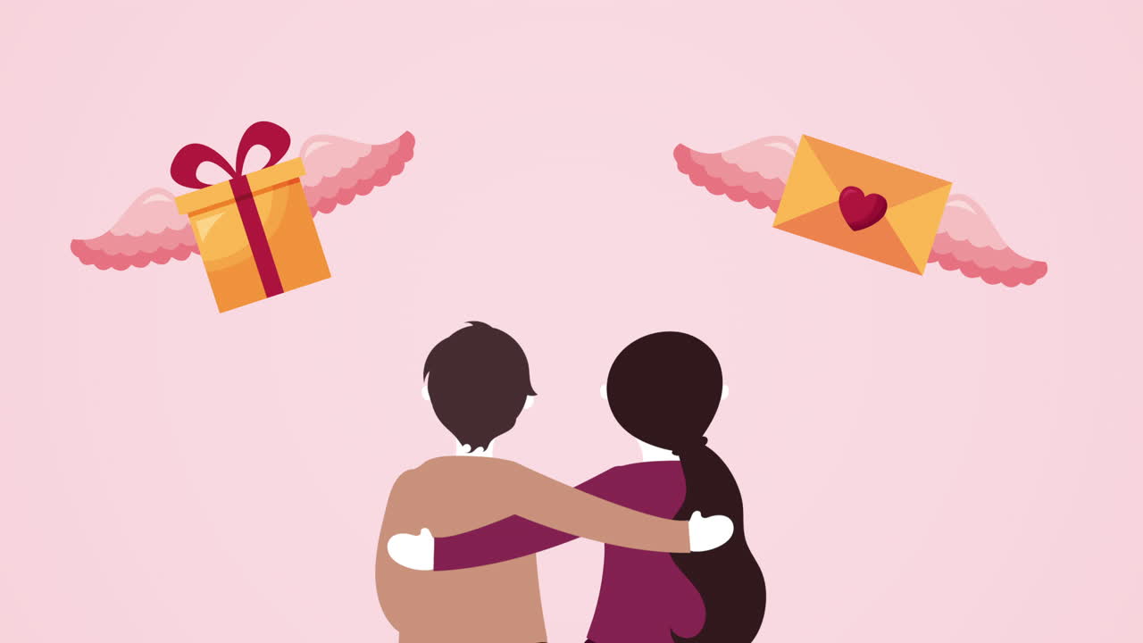 사랑하는 커플과 선물이 날아다니는 발렌타인 데이 애니메이션 카드
