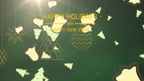 animation of happy holidays text over christmas trees on green background