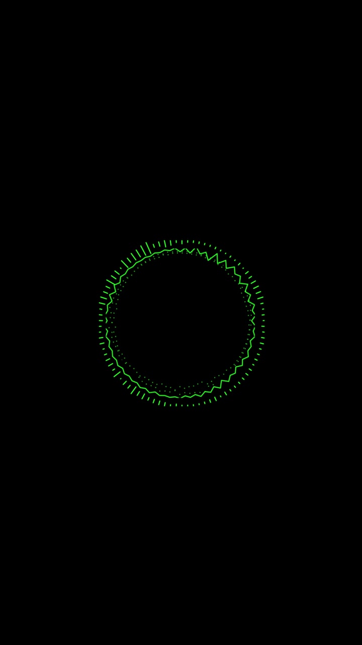 Abstract green circular form with pulsating lines and dots on a black background. Represents audio equalizer, sound wave, or futuristic interface. Seamless loop, vertical format