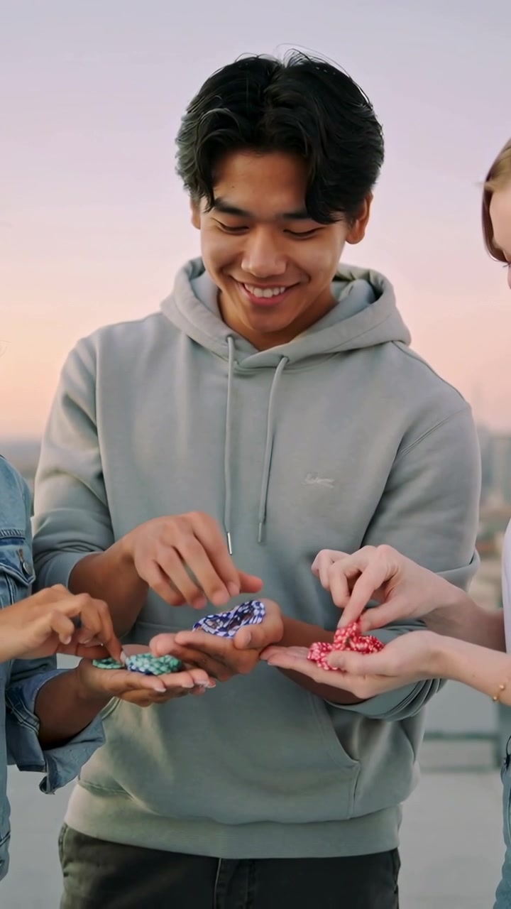 Video verticale: Mostrando un ragazzo con la felpa con cappuccio che condivide braccialetti su un tetto al tramonto, con mani che si protendono per prenderli.