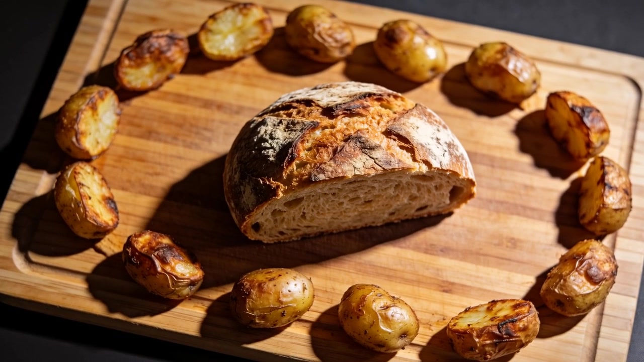 La telecamera si sposta rivelando una pagnotta tagliata a metà e patate novelle arrostite su un tagliere di legno, mostrando la consistenza.