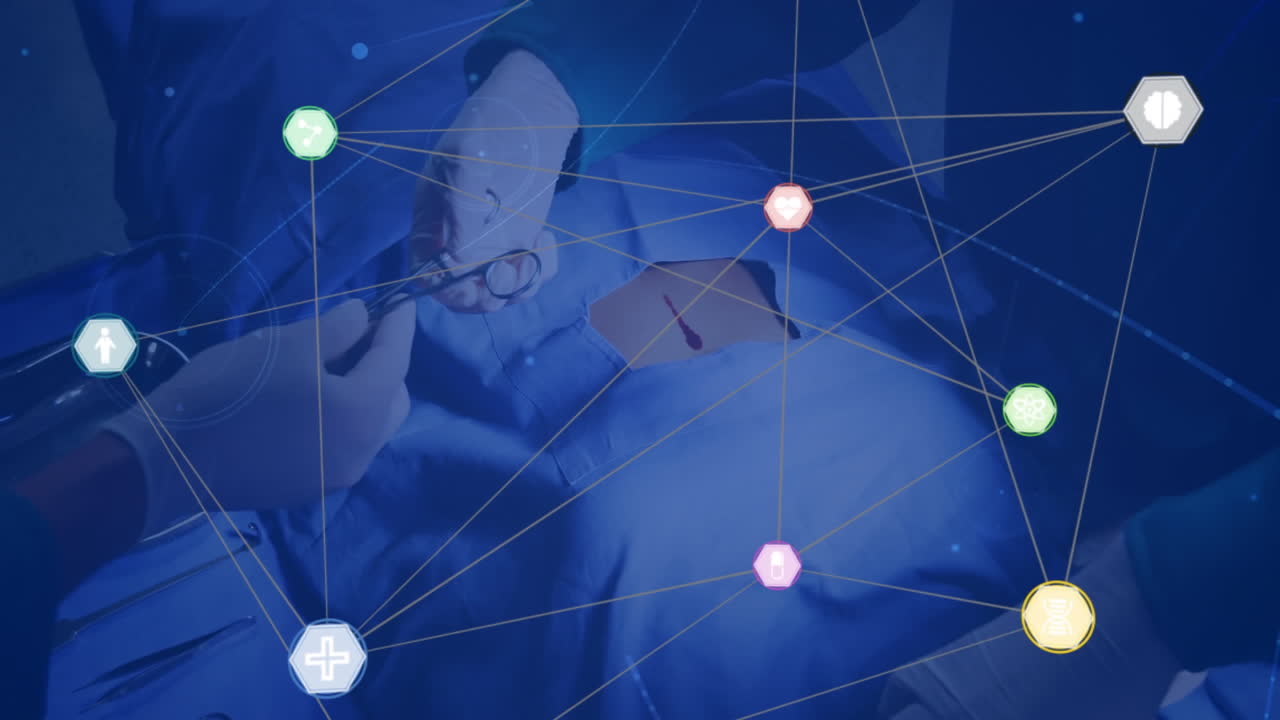 病院で患者を手術する外科医の切断された手の上に接続されたアイコンのアニメーション