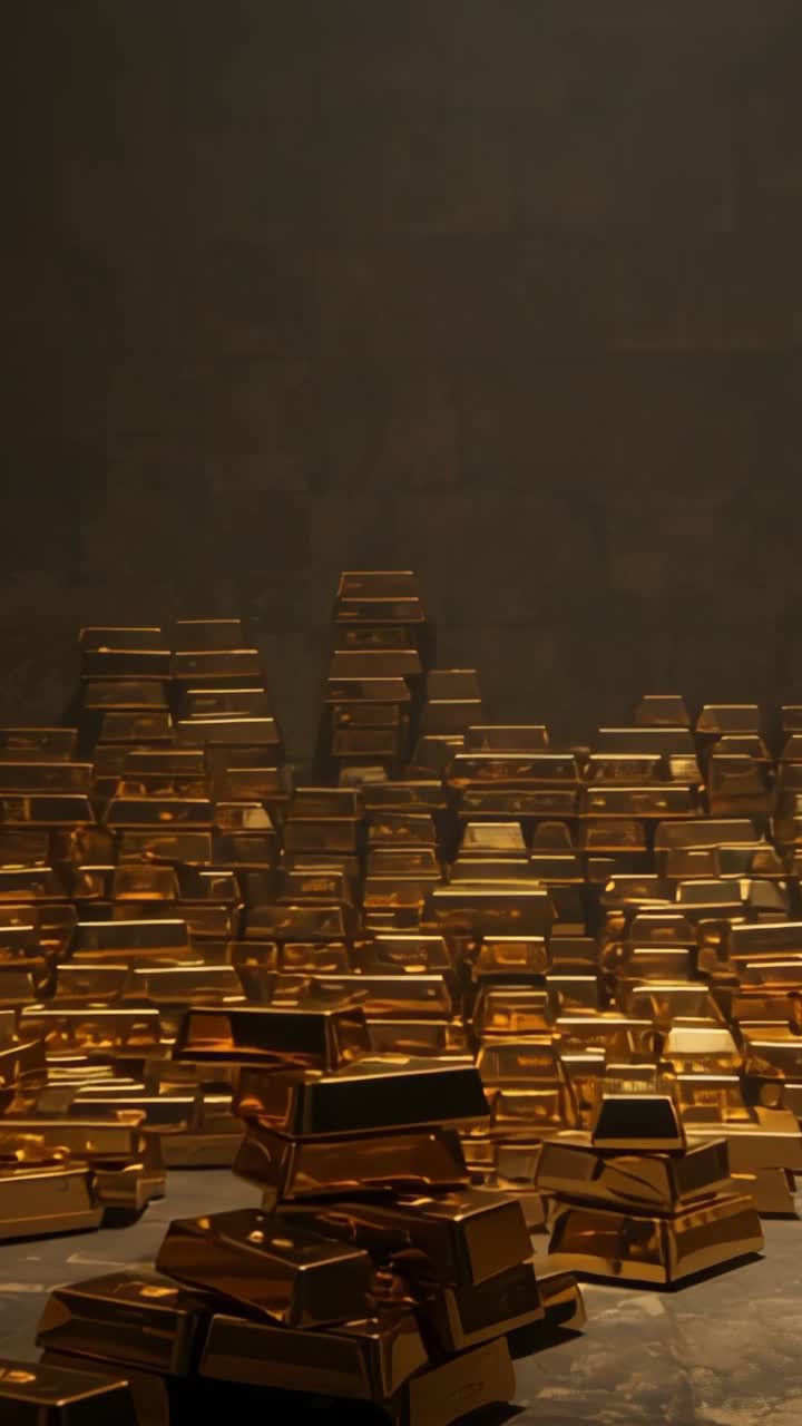Vertical video: Camera revealing numerous gold bars in secure vault interior, documenting stockpile