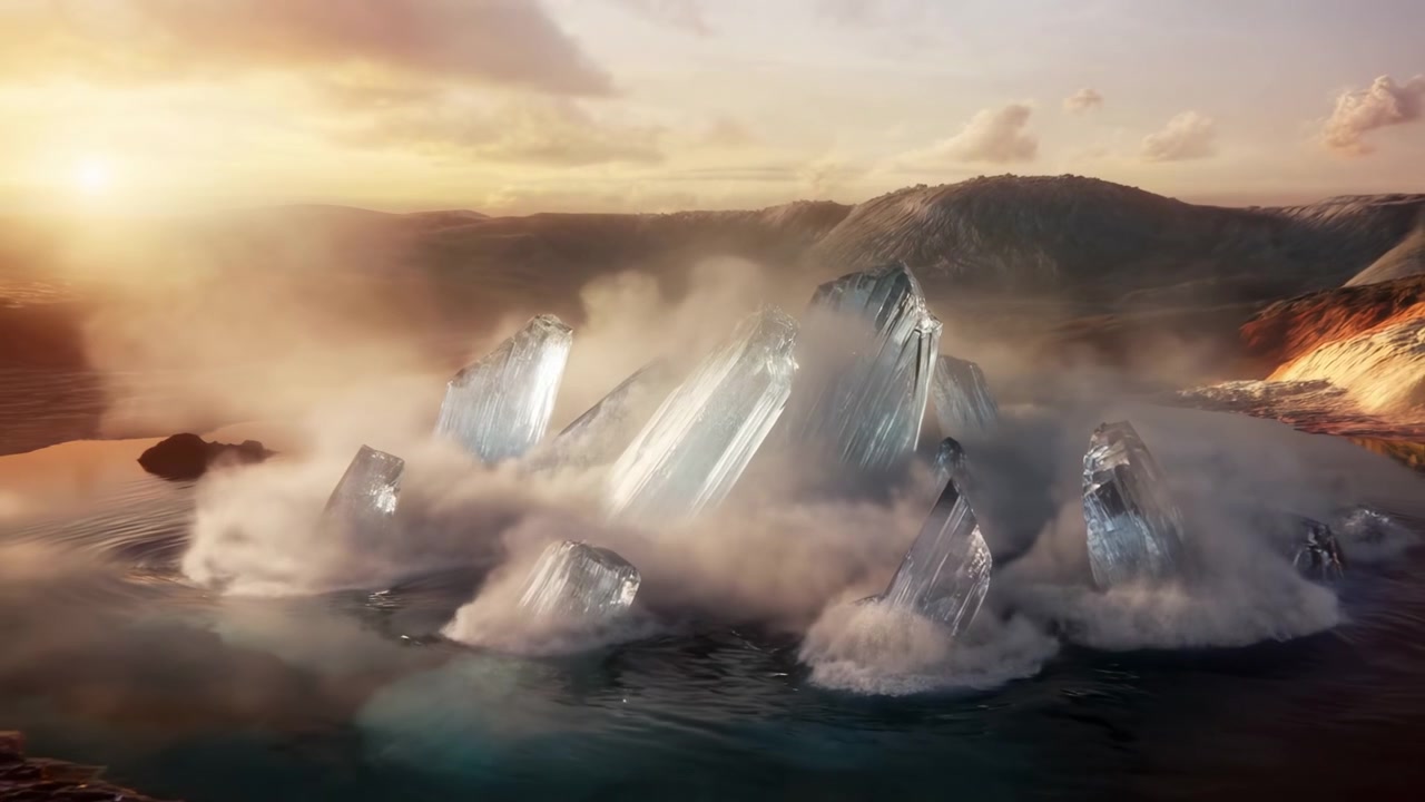 Un panorama costiero elevato mostra una baia frastagliata, faraglioni raggruppati, isolotti rocciosi, densi spruzzi bianchi e nebbia alla deriva mentre le onde si infrangono contro la pietra sotto la calda luce dell'alba e l'acqua blu calma.