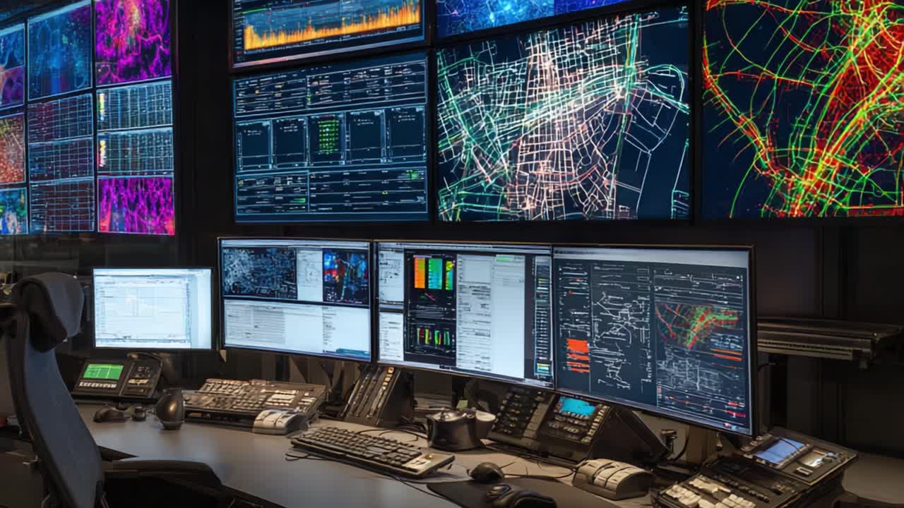 Advanced Command Center Featuring Multiple Screens with Dynamic Data Visualizations and Analytics for Enhanced Operational Efficiency and Monitoring Processes