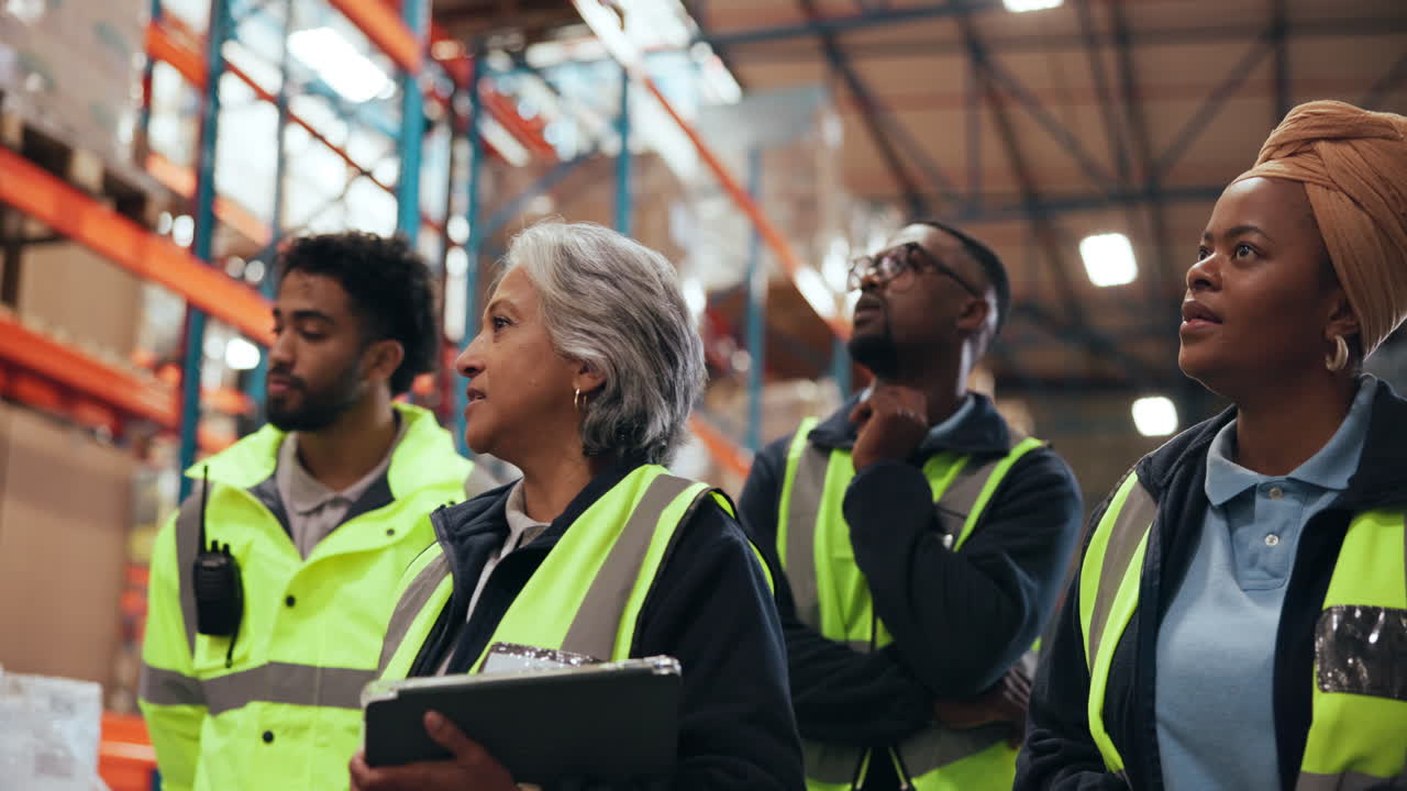 Diverse Warehouse Team Discussing Inventory and Logistics with Manager