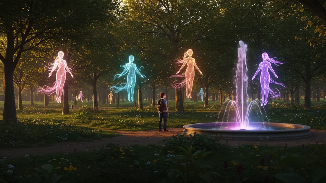 A Serene Encounter: An Enchanting Display of Ethereal Figures Surrounded by Nature, with a Majestic Fountain as the Centerpiece in a Lush Green Park Setting