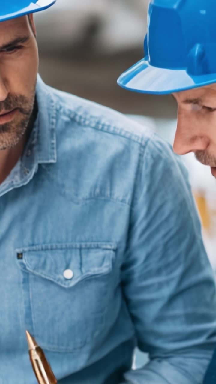 Two Construction Workers Collaborating on Project Details, Analyzing Plans Together in a Professional Setting with Hard Hats and Denim Shirts