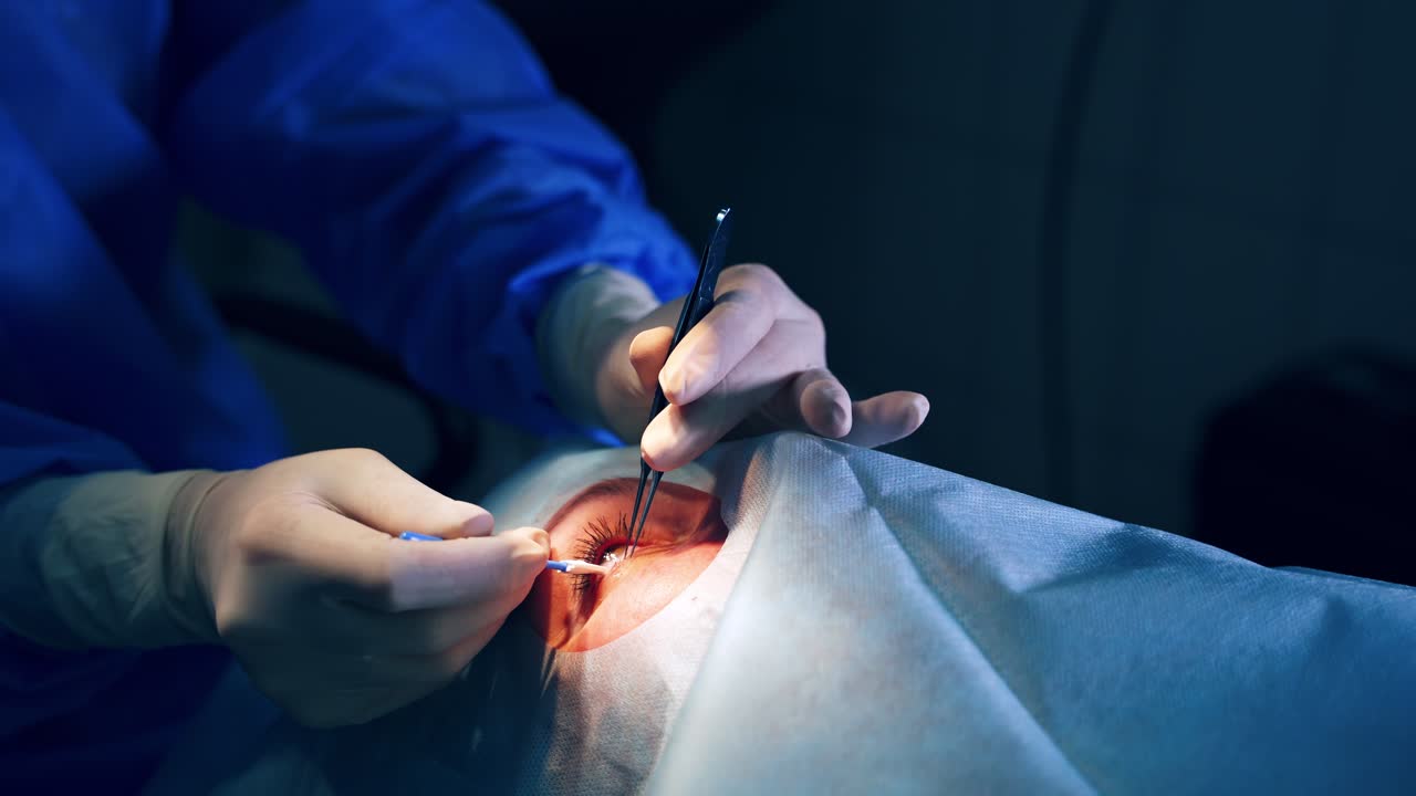 Surgeon performing operation. Surgeon operating eye cataract in hospital surgery, ophthalmology operation