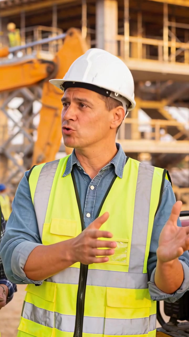 Vertical video: Bringing hands, foreman starting briefing at site gesturing with vest and excavator