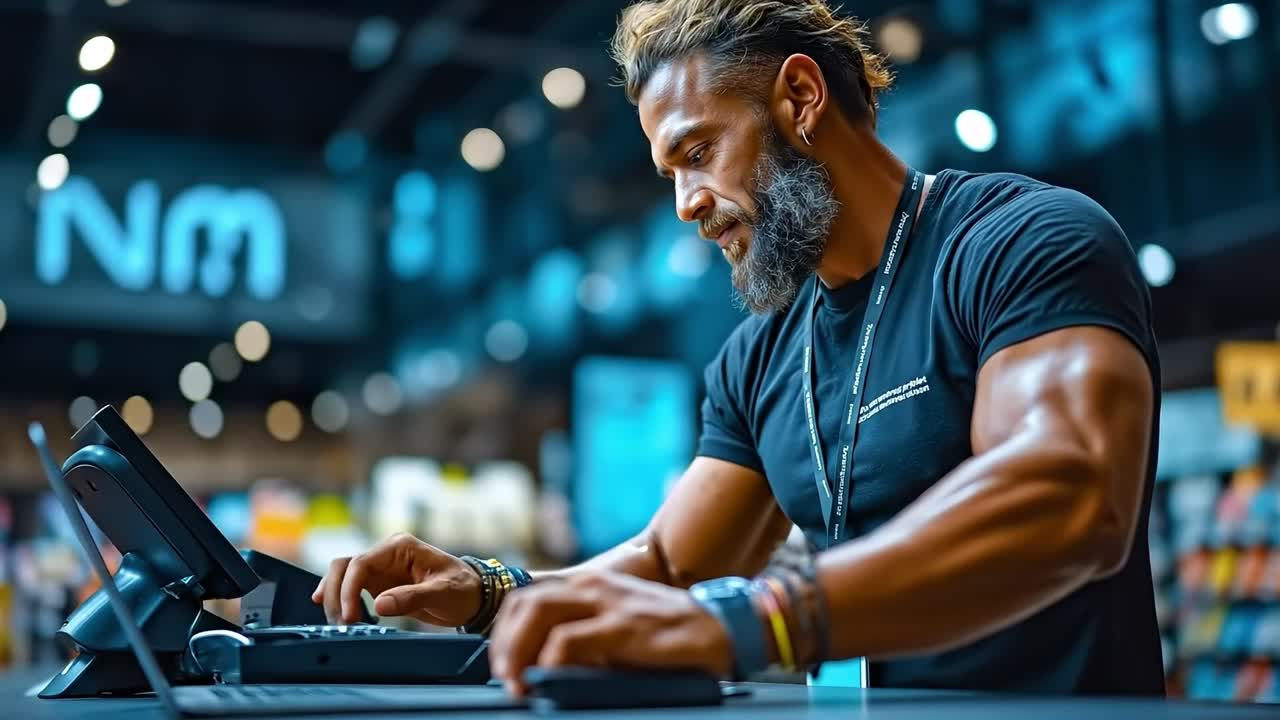 A man working on a laptop computer at a counter in a gym