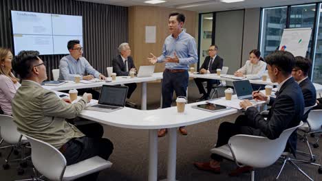 asian businessman leads a meeting with his team in a modern office, discussing strategies and sharing ideas, fostering collaboration and teamwork in a corporate environment