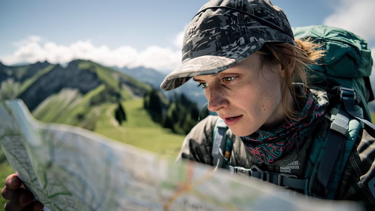 Næropptak av en ung kvinnelig ryggsekkturist som studerer et papirkart på en solrik fjellsti, iført lue og turutstyr med naturskjønne alpetopper i bakgrunnen