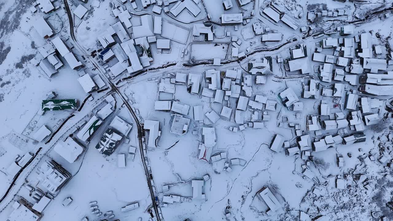 Snowy Mountain Village Aerial View