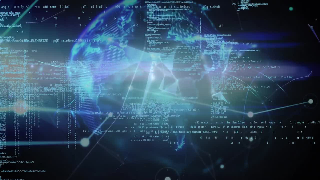Animation of data processing, globe and network of connections