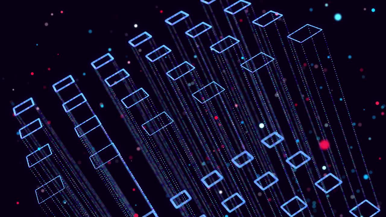 Abstract glow particles form 3d object in space. Parallelepipeds. Vj loop as bg of virtual digital space. Particles form holoram shape as concept of big data, network or vr space. Sci-fi bg