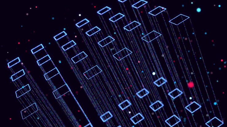 Abstract glow particles form 3d object in space. Parallelepipeds. Vj loop as bg of virtual digital space. Particles form holoram shape as concept of big data, network or vr space. Sci-fi bg