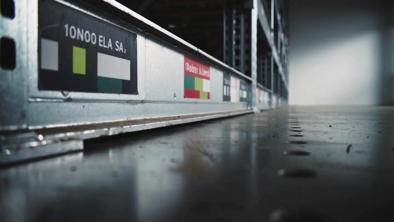 Tracking low-angle camera starting low, moving along metal rail in storage aisle, showing labels
