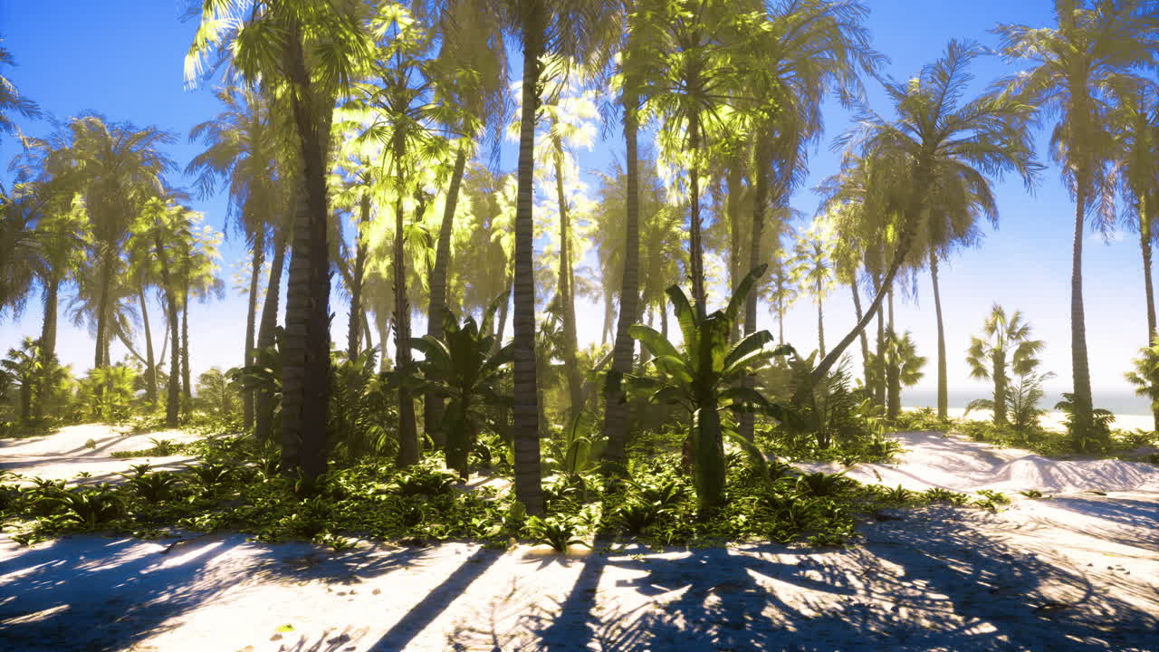 Lush tropical landscape with palm trees and vibrant greenery under clear sky