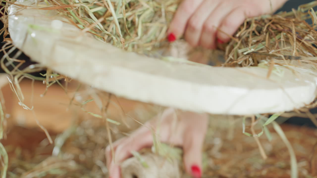 Decorator holding twine spool and securing hay for wreath crafting, hands with red nails working on natural handmade decoration, showcasing detailed process of creative rustic seasonal design arrangement